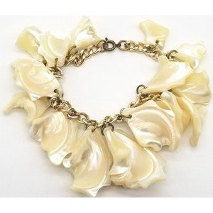 White Mother Of Pearl Lip Shell Gold Tone Chain Bracelet